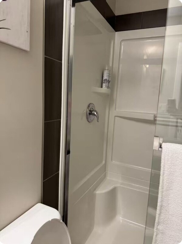 A modern bathroom with a glass-enclosed shower, a white toilet, and a shelf with toiletries.