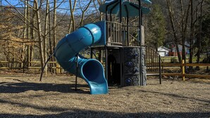 A playground with a blue slide and a climbing structure. - RV Site 8 Camper - Hatfield McCoy Trails (Wilkinson)