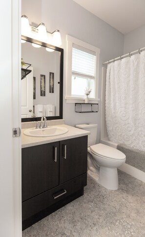 Une salle de bain avec un meuble-lavabo à deux vasques, des toilettes et un rideau de douche.