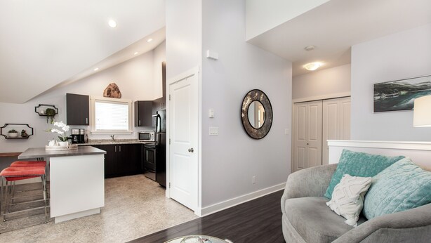 Un apartamento moderno con cocina, sala de estar y comedor.