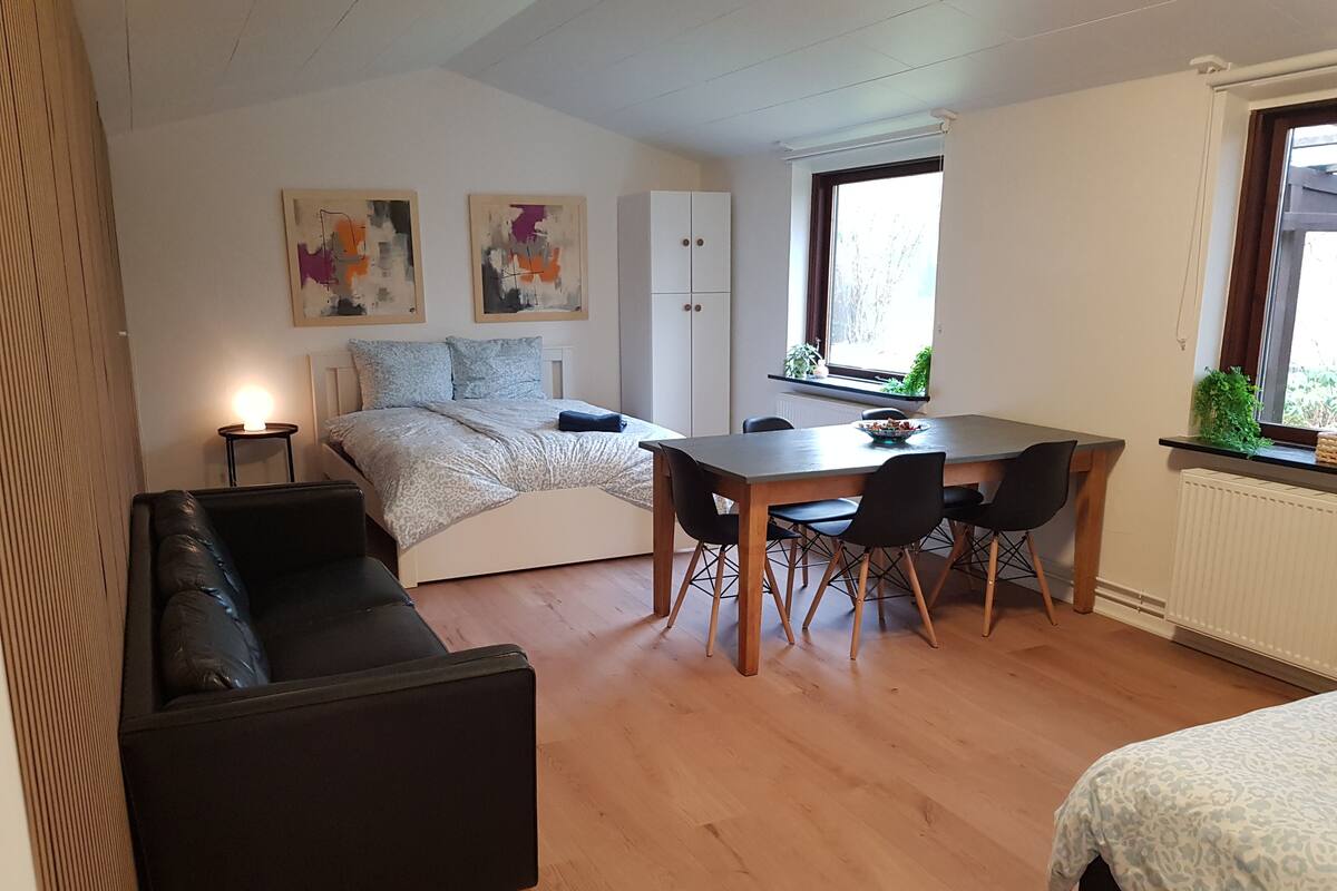 A modern, compact room with a bed, a dining table with chairs, a black sofa, and two abstract paintings on the wall.
