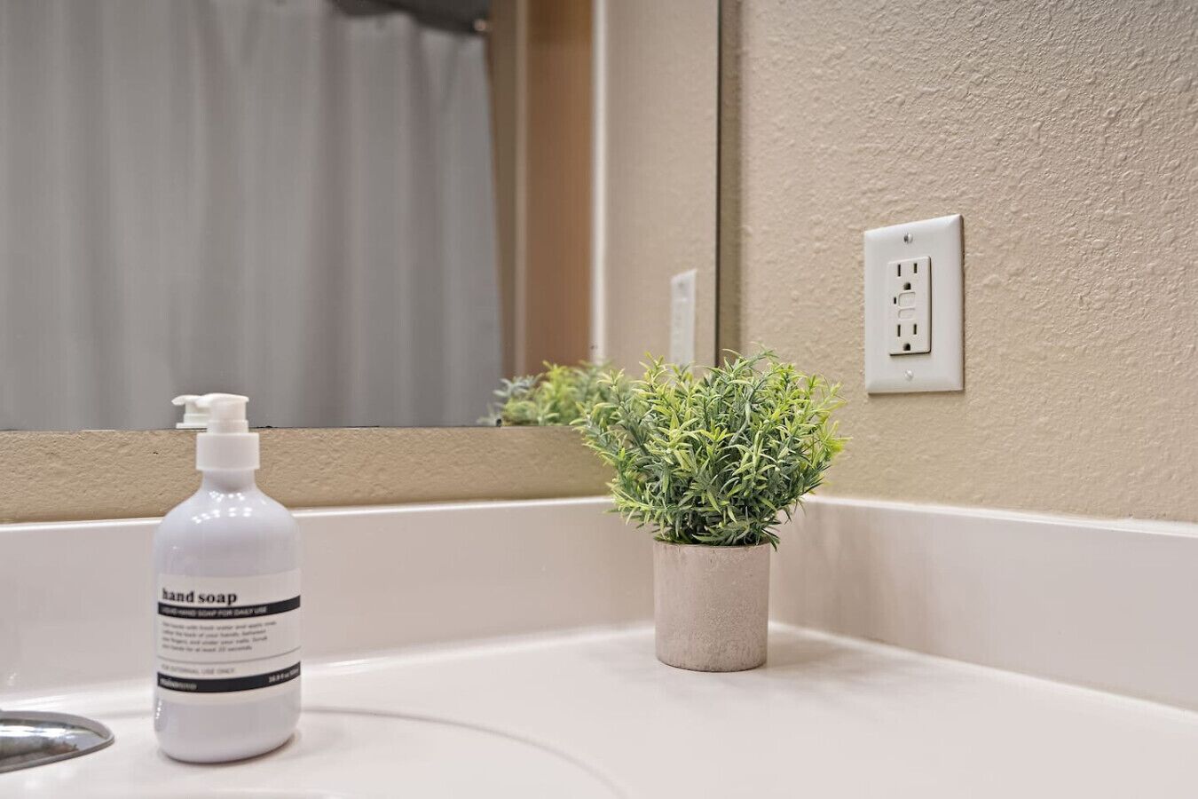A bathroom with a white sink, a hand soap dispenser, and a small potted plant.