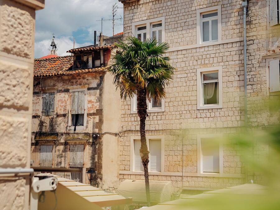 Un edificio con fachada de piedra, varias ventanas y una palmera frente a él.