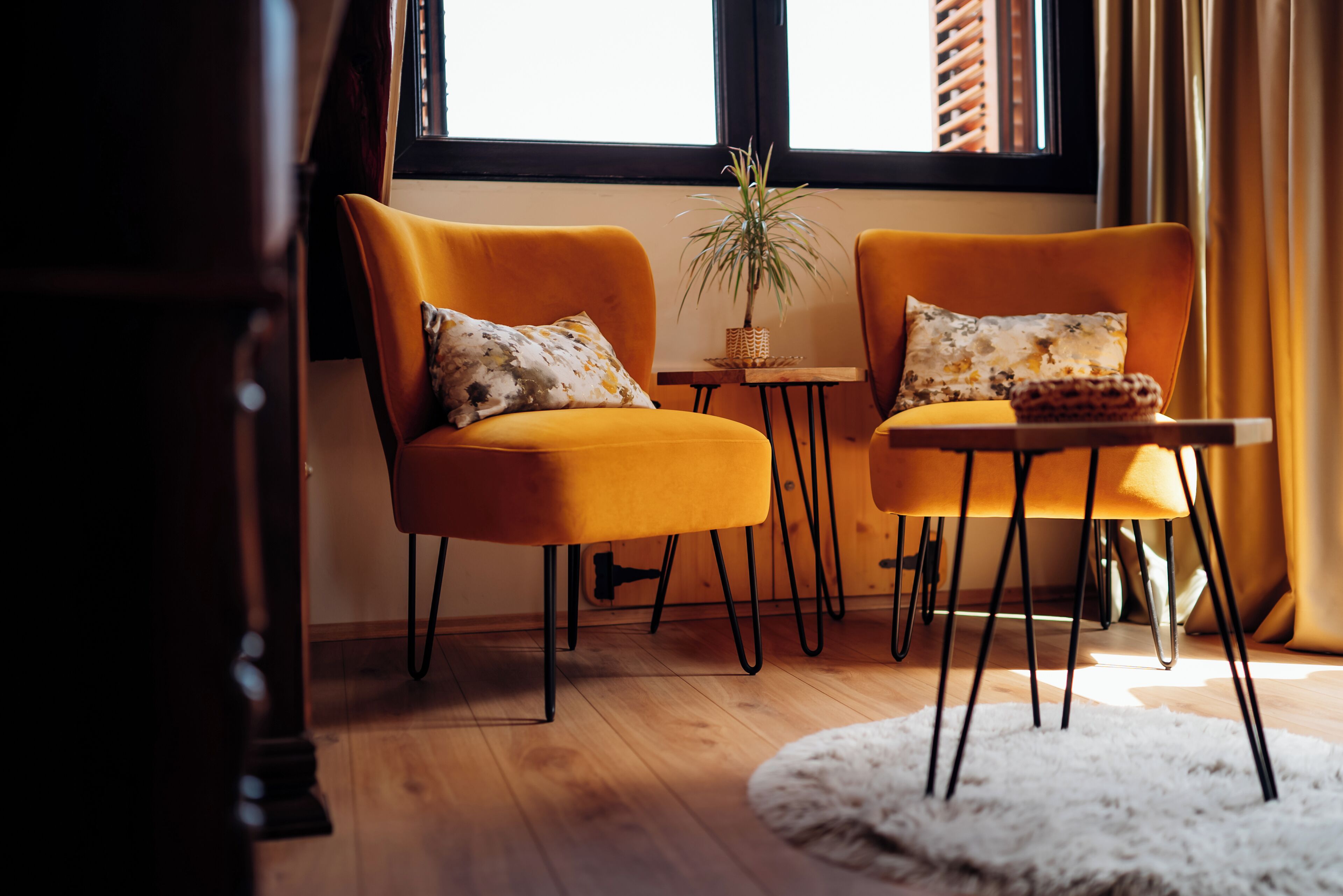 A room with two yellow armchairs, a small table with a plant, and a white rug.