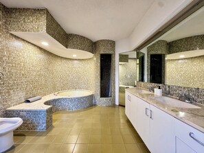 Jetted tub, hair dryer, bidet, towels