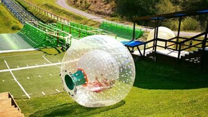 Une grande sphère transparente se trouve sur un terrain herbeux, avec une zone de sièges verdoyante et une terrasse en bois au premier plan.