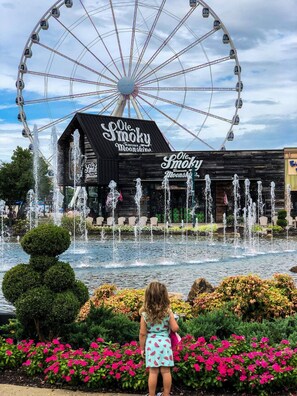 A Ferris wheel, a water fountain, and a building with the sign "Ole Smoky Tennessee Moonshine". - Smoky Mtn Lux Cabin Hot Tub Pool Views (Sevierville)