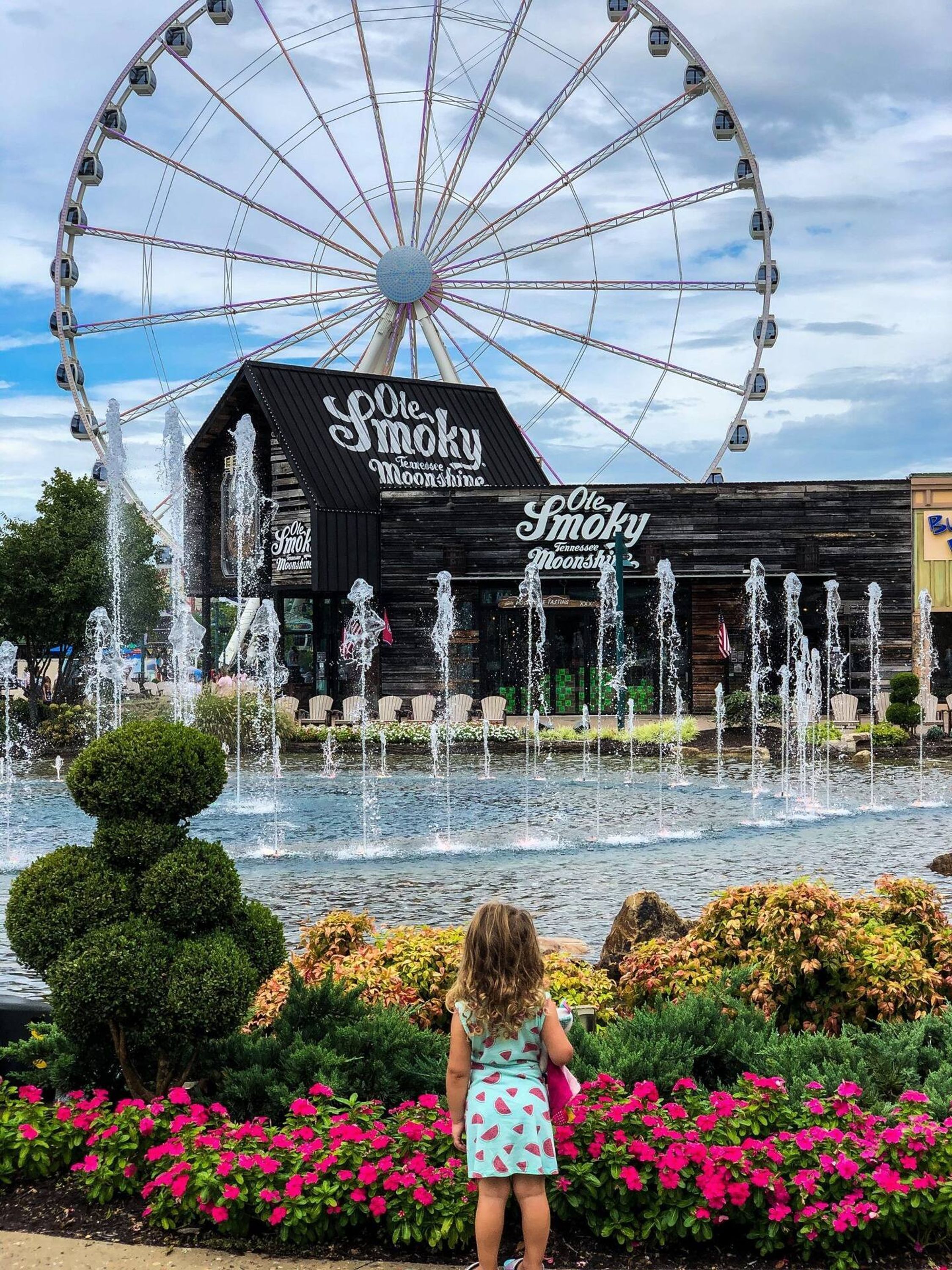 Egy óriáskerék, egy szökőkút és egy épület, amelyen az áll: „Ole Smoky Tennessee Moonshine”.