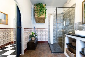 Shower, hair dryer, towels