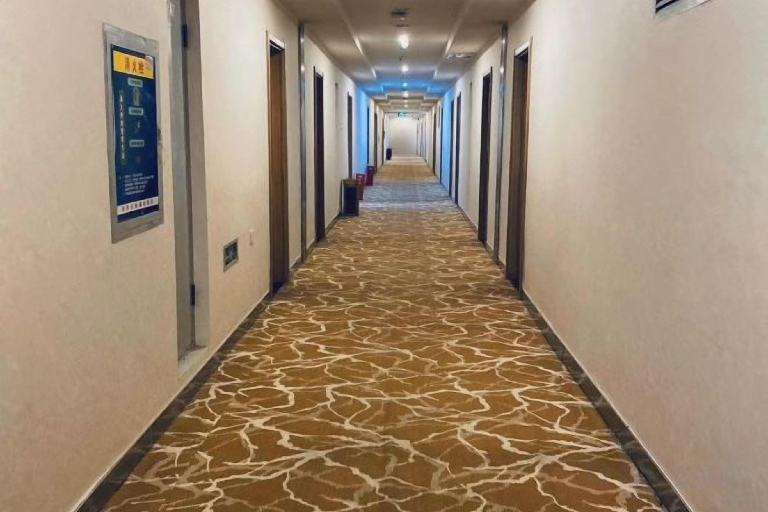 Ein Hotelgang mit einem gemusterten Teppich, Türen auf beiden Seiten und einem Poster an der linken Wand.