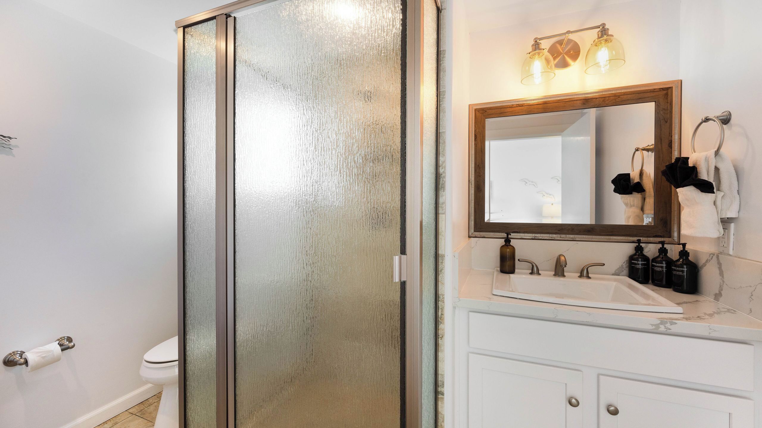 A bathroom with a glass shower enclosure, a vanity with a mirror, and a toilet.