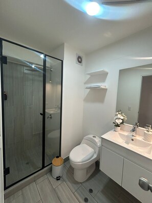 Shower, hair dryer, towels, soap