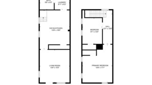 A floor plan for Suite A with two floors. Floor 1 includes an eat-in kitchen, living room, and laundry area. Floor 2 features a bedroom, primary bedroom, and hall. - Historic Cabbagetown by  Stadium, walk to Eastside BeltLine, Krog St. Market (Atlanta)