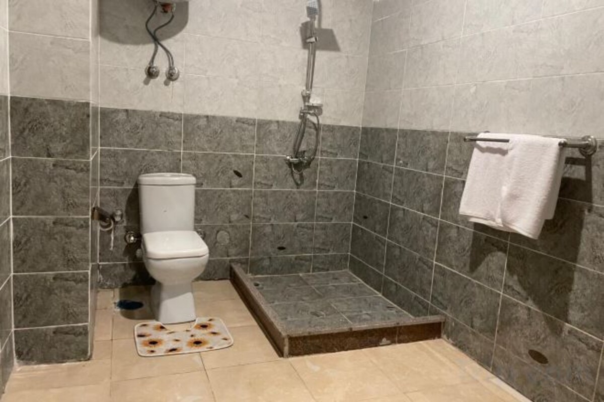 A bathroom with a toilet, shower, and a towel rack.