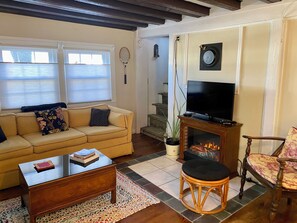 Smart TV, chimenea, libros y biblioteca musical 