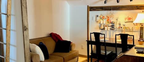 Smart TV, fireplace, books, music library