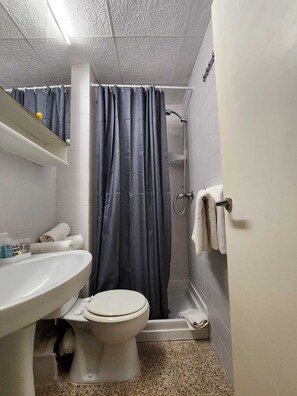 Shower, towels, soap, toilet paper