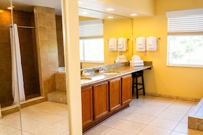 Hair dryer, towels, soap, shampoo