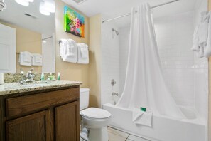 Hair dryer, towels, soap, toilet paper