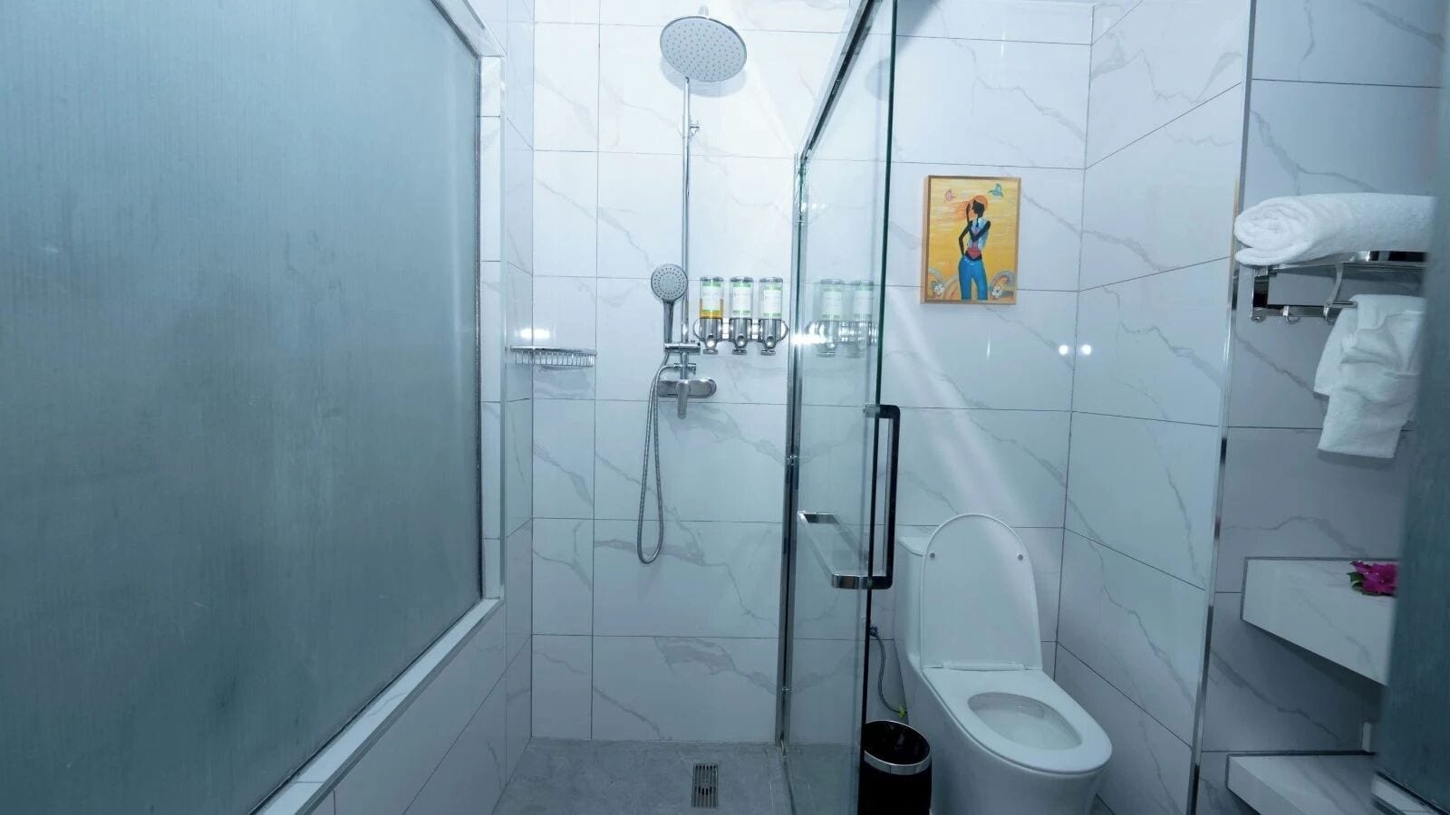 A modern bathroom with a glass-enclosed shower, a toilet, and a sink.