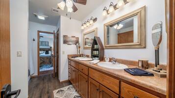 Hair dryer, towels, soap, shampoo