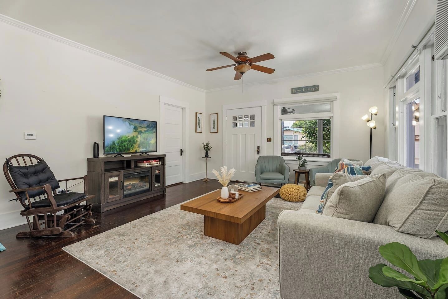 Smart TV, fireplace, books, offices