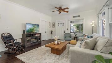 Smart TV, fireplace, books, offices