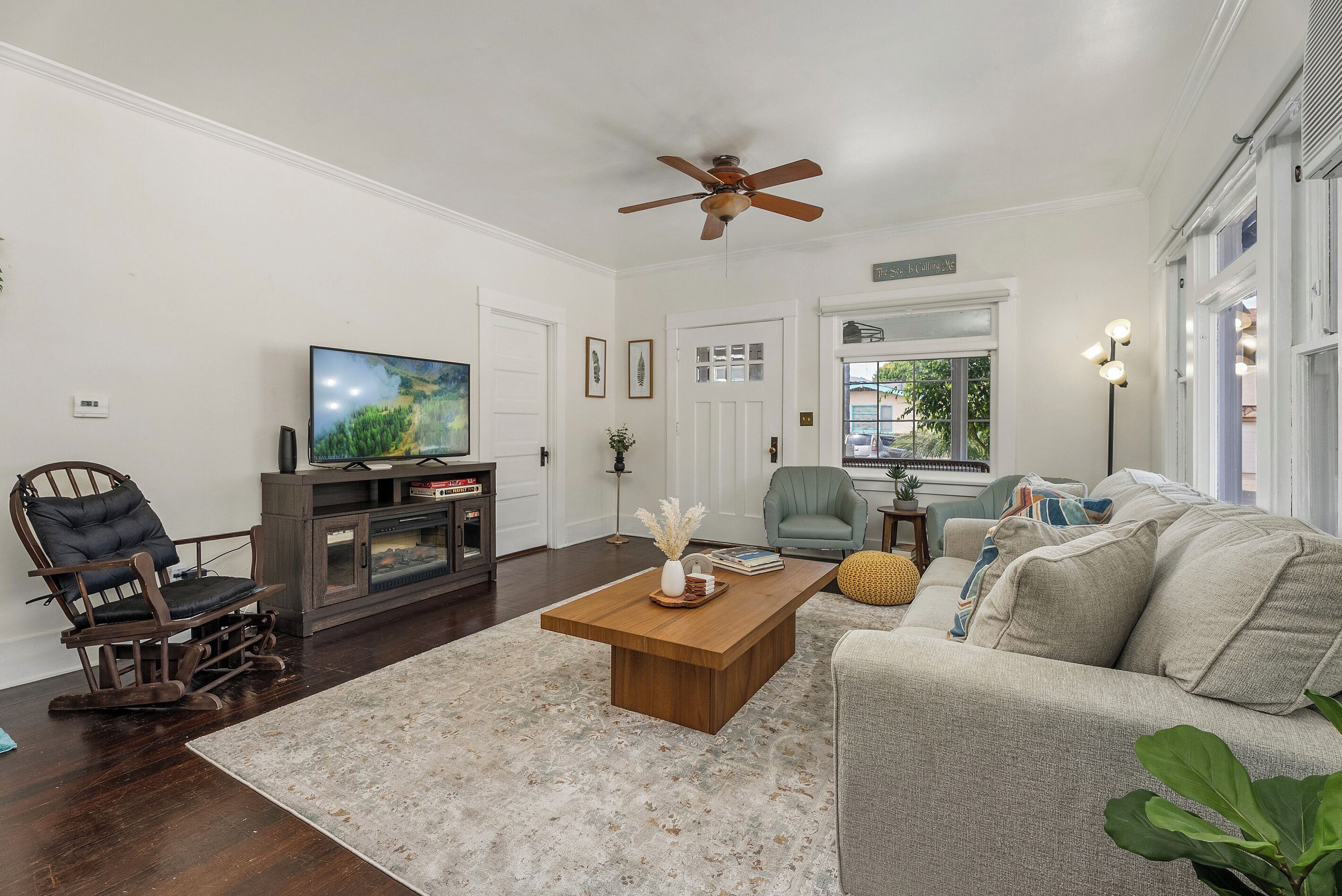 Smart TV, fireplace, books, offices