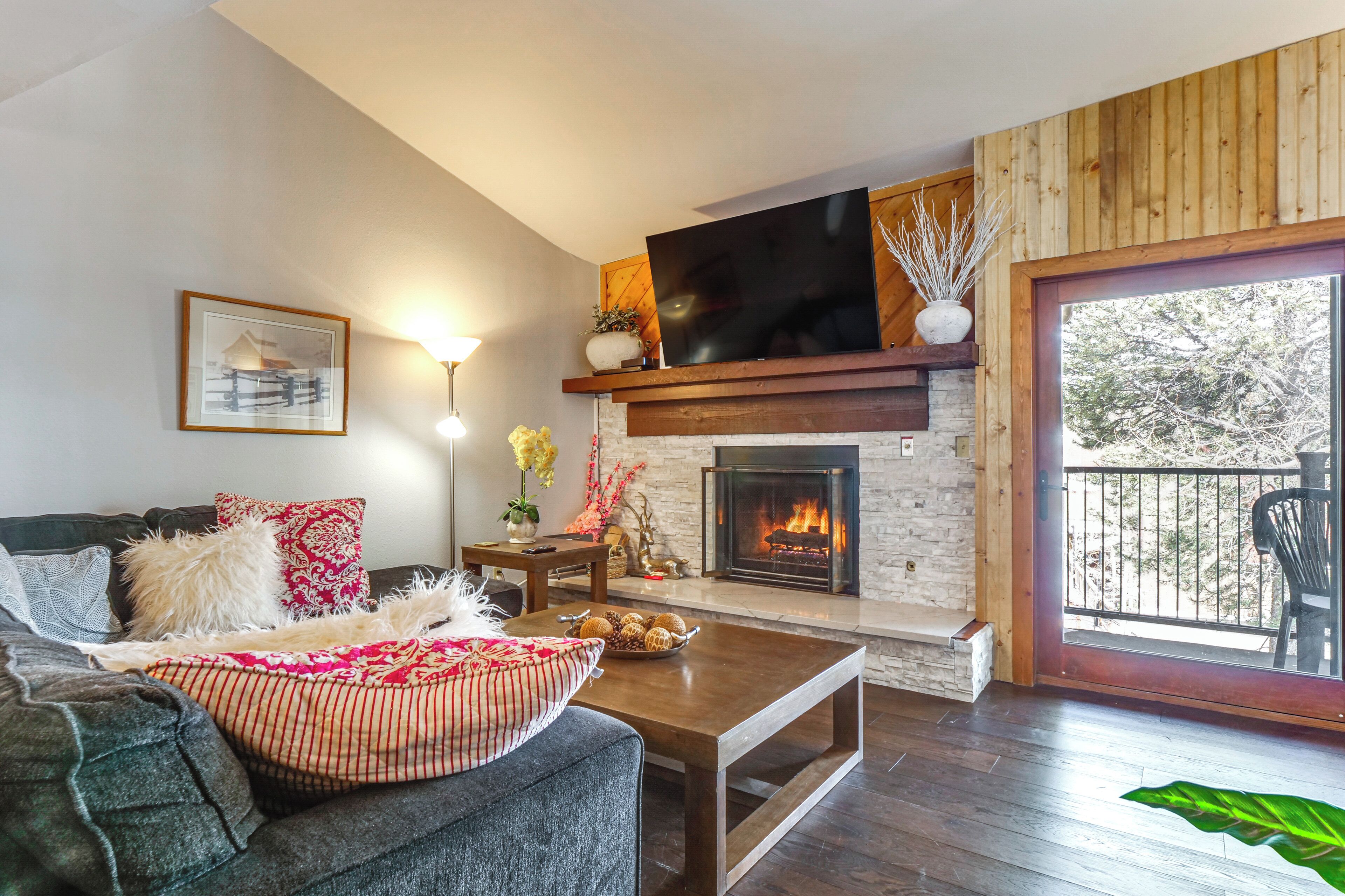 TV, fireplace, books