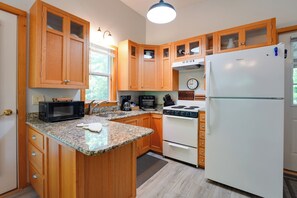 Coffee/tea maker, fridge, microwave, stovetop - Private Dock & Deck: Tranquil Dam Pond Cottage! (Augusta)