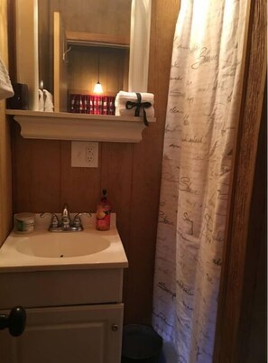 Shower, hair dryer, towels, toilet paper