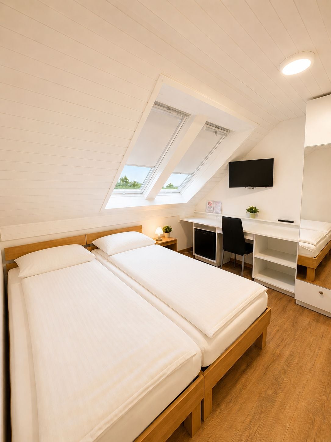 A room with two beds, a desk, a chair, a TV, and a skylight.
