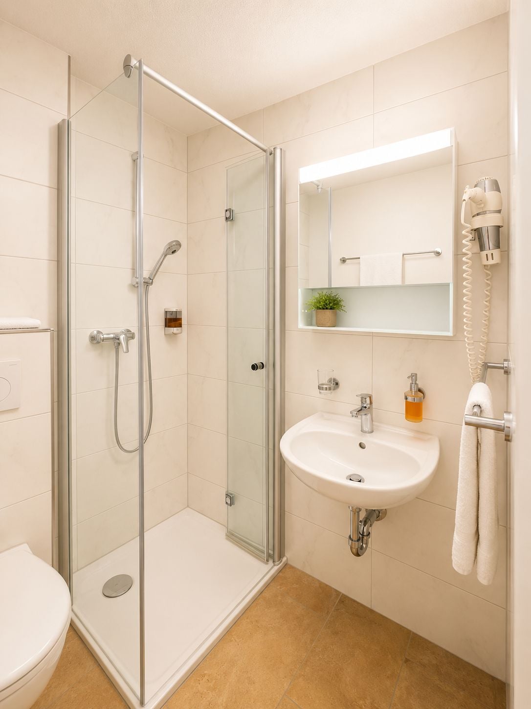 A modern bathroom with a glass-enclosed shower, a white sink, and a mirror above the sink.