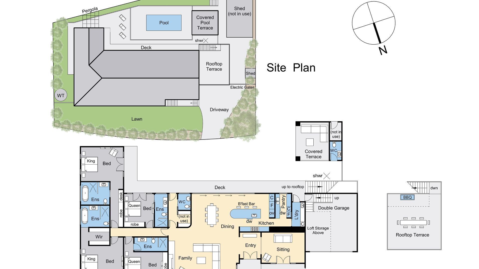 A site plan of a property with a pool, covered terraces, a deck, and a rooftop terrace.
