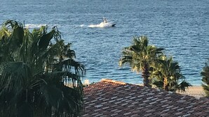 A coastal scene with a boat on the water, palm trees, and a tiled roof. - Cabo San Lucas Luxury Executive Suite with Ocean View - sleeps up to 6.  (Cabo San Lucas)