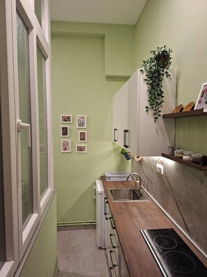 Fridge, microwave, stovetop, coffee/tea maker