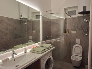 Shower, hair dryer, towels, soap