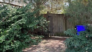 A paved pathway leading to a wooden gate, surrounded by dense foliage and a blue trash bin.