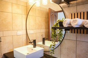 Hair dryer, towels, soap, toilet paper