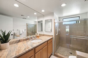 Shower, hair dryer, towels, soap - Brand new fully remodeled house in Palm Desert w/ golf course views-Pet Friendly (Palm Desert)