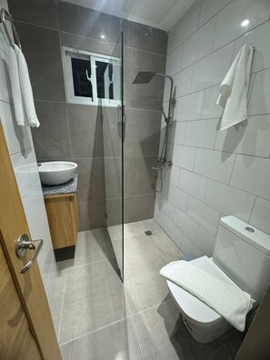 Secadora de cabello, toallas, jabón, papel de baño 