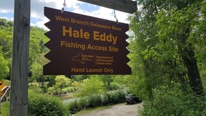 A sign for Hale Eddy Fishing Access Site, West Branch Delaware River, with a hand launch only notice. - Hale Eddy (Hancock)