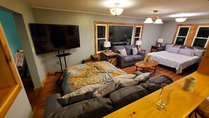 A cozy living room with a sofa, a bed, a TV, and a coffee table. - Hale Eddy (Hancock)