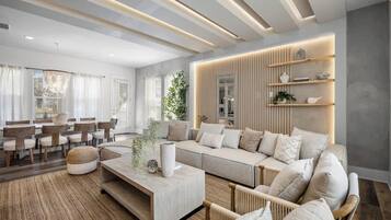 Casa de diseñador, varias camas, balcón, junto a la playa | Sala de estar