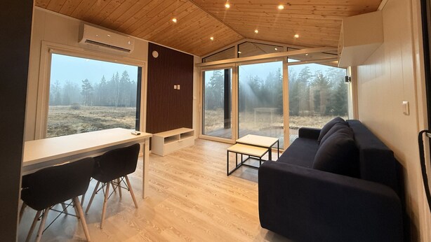 Un intérieur moderne avec un plafond en bois, de grandes fenêtres, un coin repas et un canapé.
