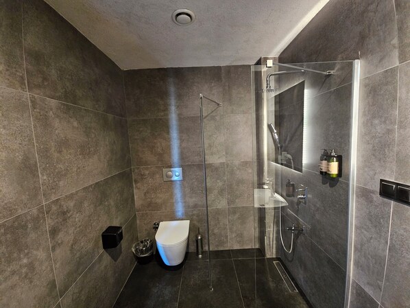 Une salle de bain moderne avec une douche à parois de verre, des toilettes et un lavabo avec un miroir.