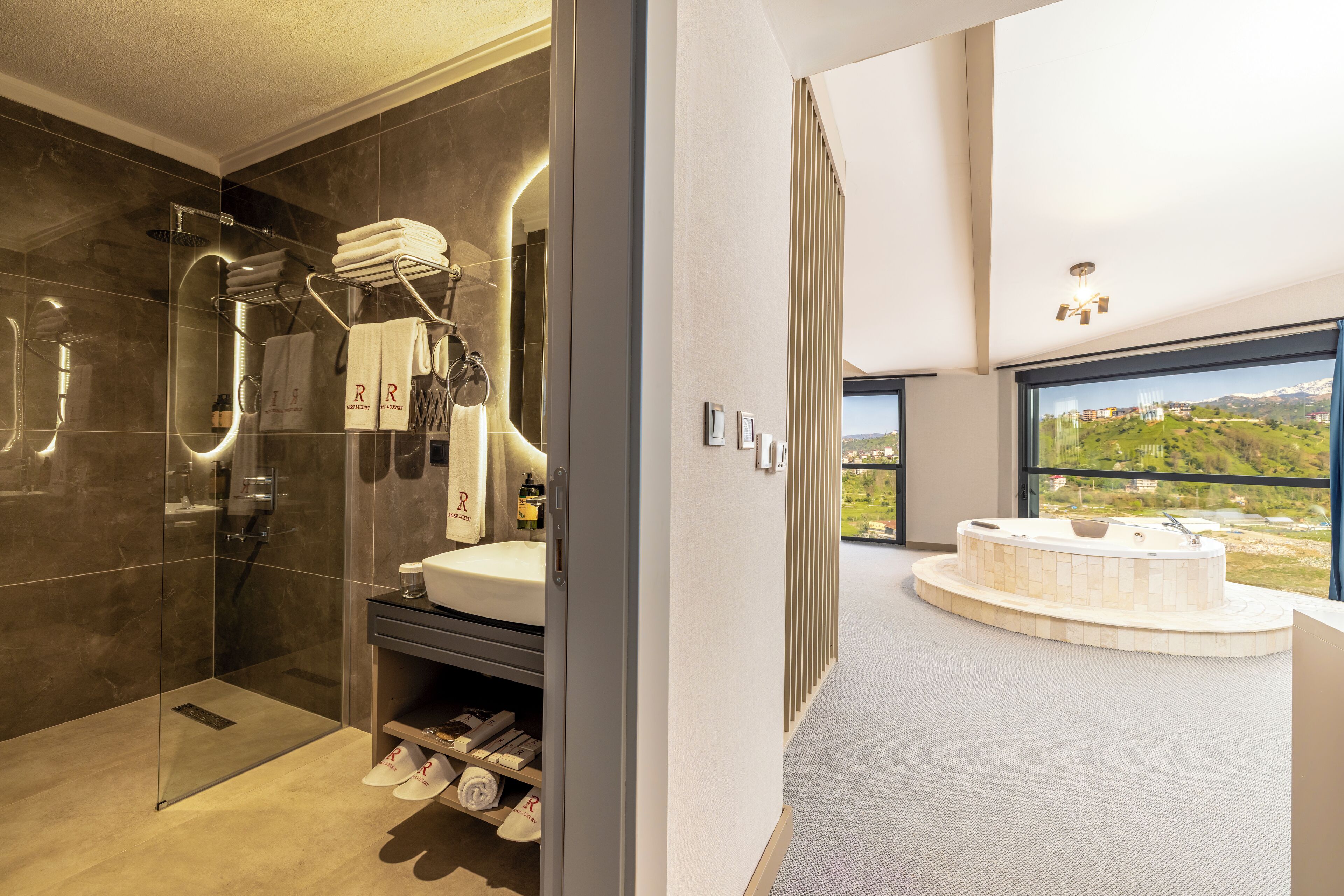 A modern bathroom with a glass-enclosed shower, a sink with a towel rack, and a bathtub.