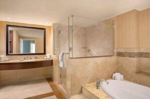 Jetted tub, hair dryer, towels, soap