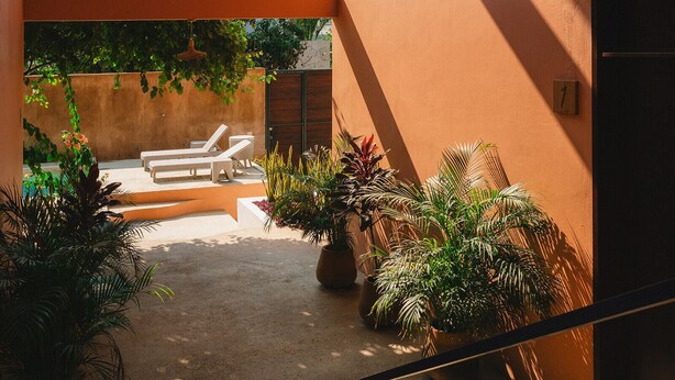 A sunlit outdoor area with lounge chairs and potted plants. - Maralagua (Puerto Escondido)