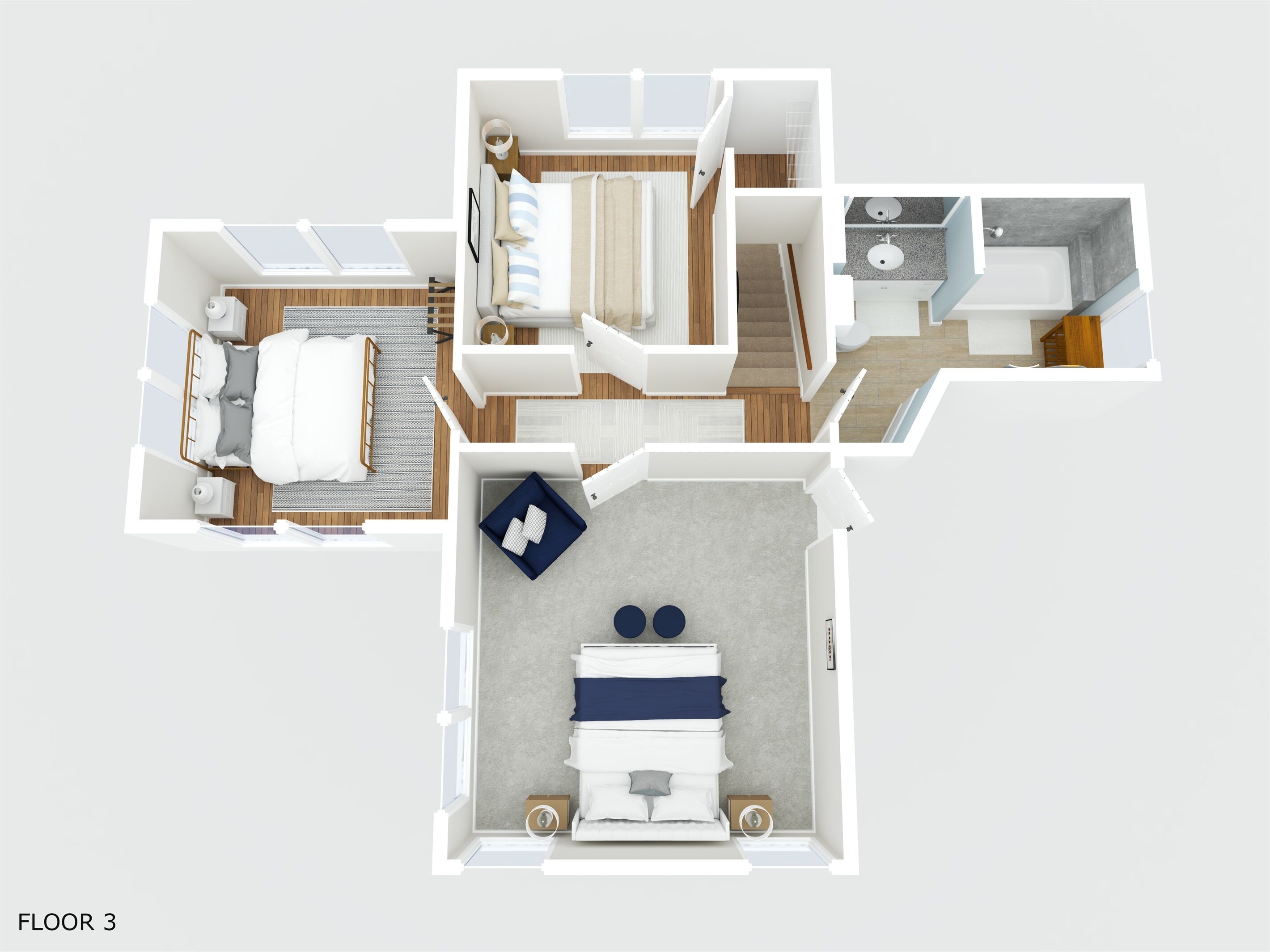 Ein 3D-Grundriss eines Hotelzimmers mit Bett, Nachttisch und einer kleinen Sitzecke.